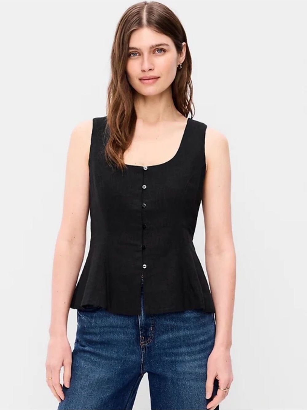 Old Navy Minimalist 90s Linen Blend Top Button Up Scoop Neck Rear Tie SZ S